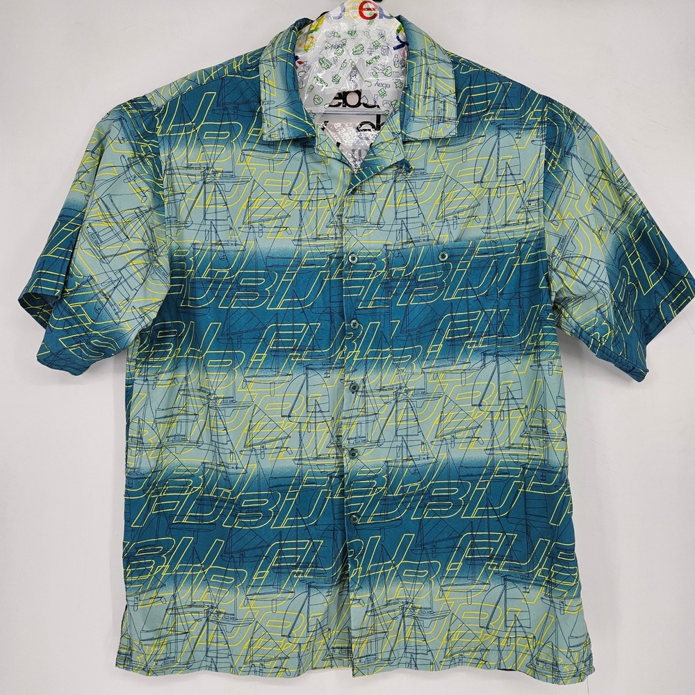 Vintage Fubu Button Up Shirt Mens 1X All Over Print Green Blue Yellow Y2K 90s